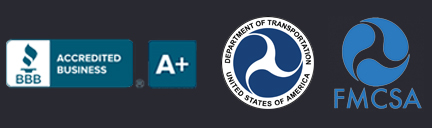 Four different logos next to each other starting with BBB accredited business, A+ logo, Department of Transportation of USA and the last logo is of FMCSA.