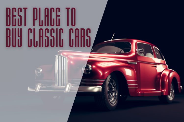 Best place to buy classic cars - vintage red car with elegant design, showcased in a promotional graphic for classic car enthusiasts.