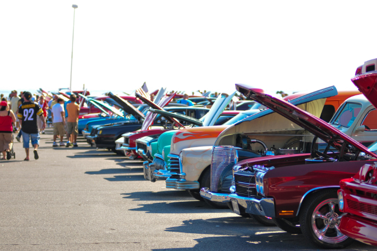 Classic cars lined up at show