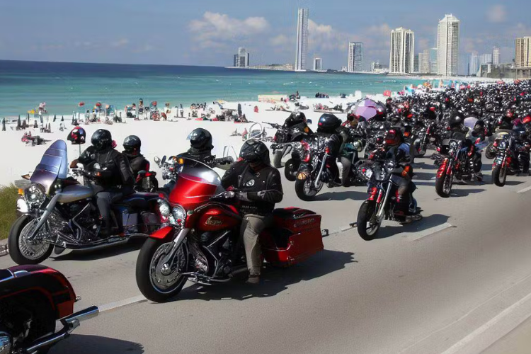 Motorcycle rally cruising along beachside highway