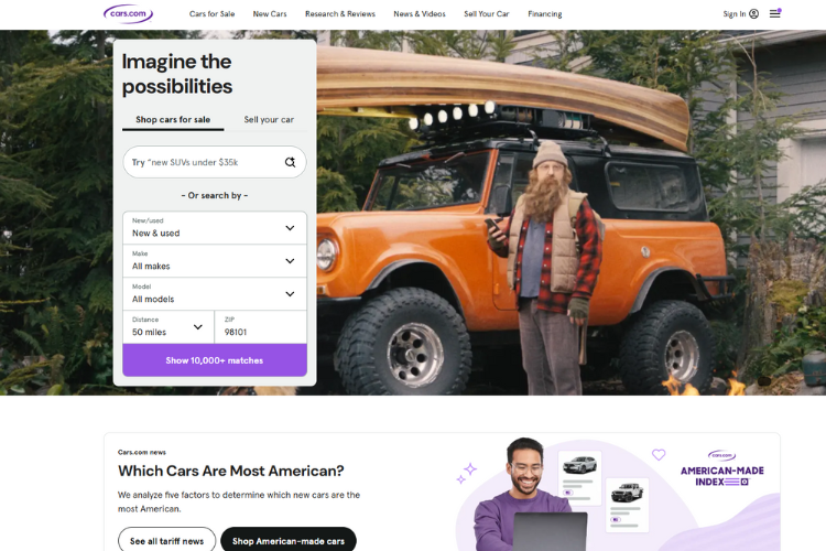Cars.com Homepage Featuring Adventure-Ready SUV
