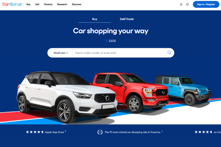 CarGurus Homepage Featuring Three Popular Vehicles