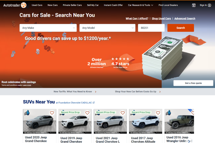 Autotrader Homepage Promoting Car Search Savings