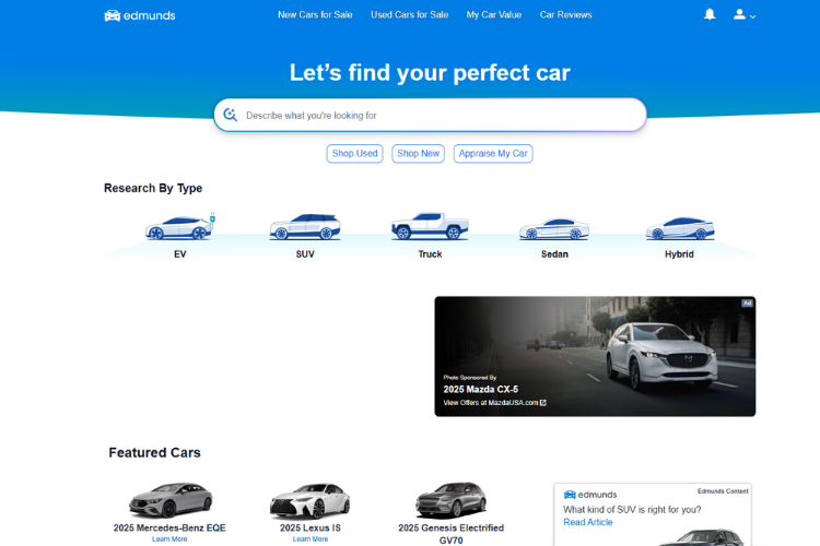 Edmunds Homepage Featuring Car Type Search