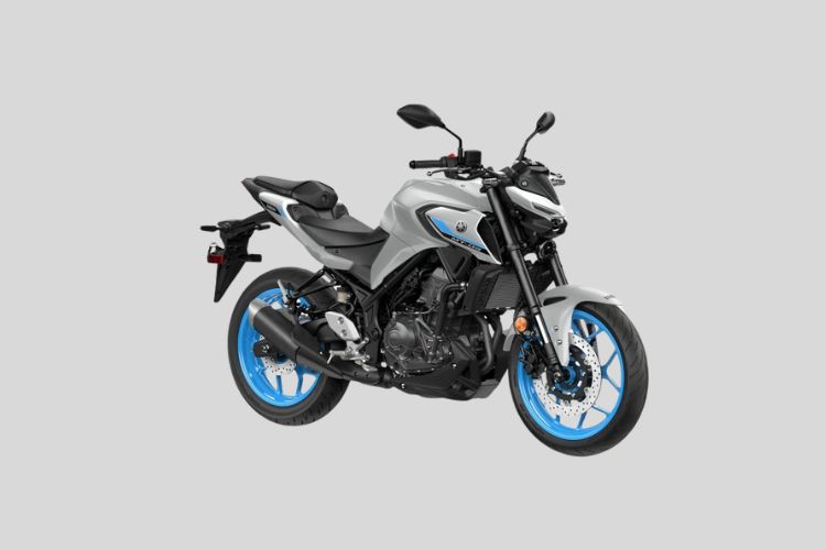 Gray Yamaha MT-03 motorcycle with blue wheels