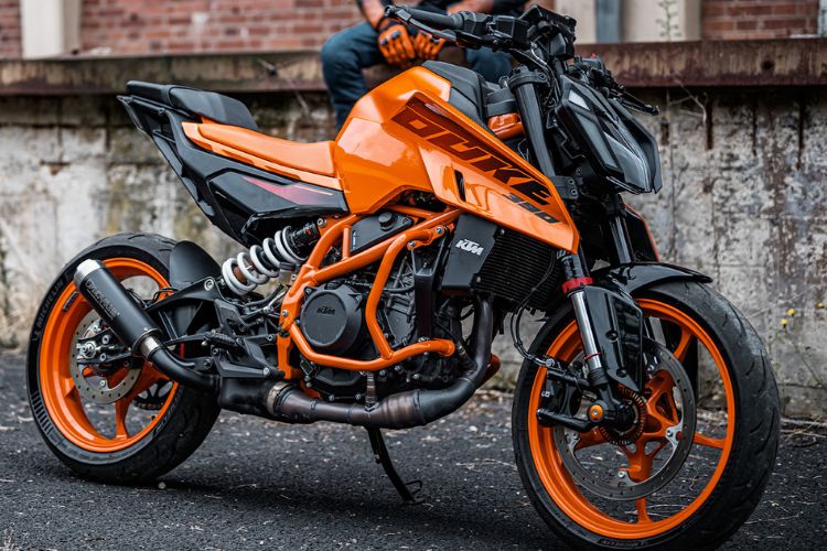 Orange KTM 390 Duke street motorcycle parked