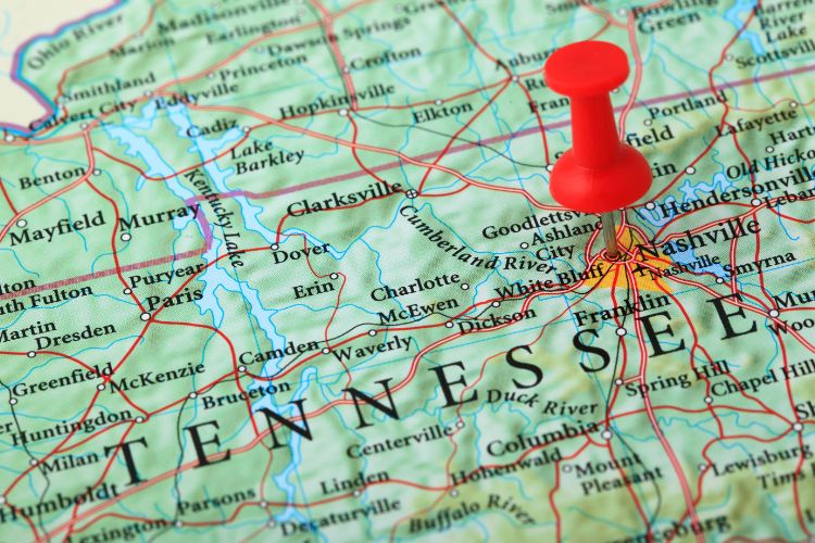 Red Pushpin Marking Tennessee State Map