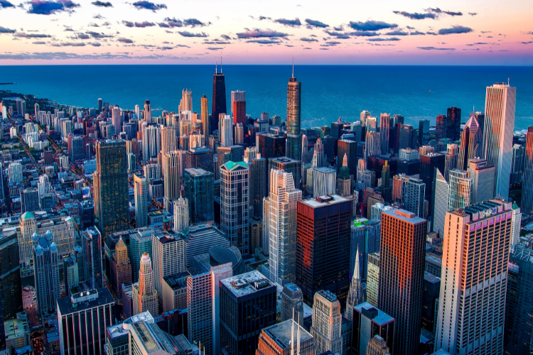 Chicago Skyline View At Sunset Time