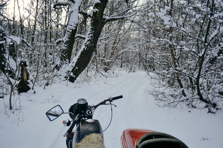 Motorcycle Riding Through Snowy Forest Trail