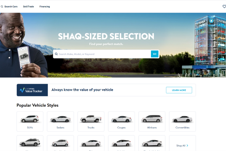 Carvana Shaq Sized Car Selection Homepage