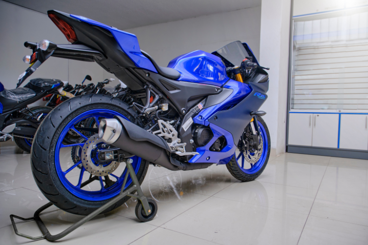 Yamaha Blue Sport Motorcycle In Showroom