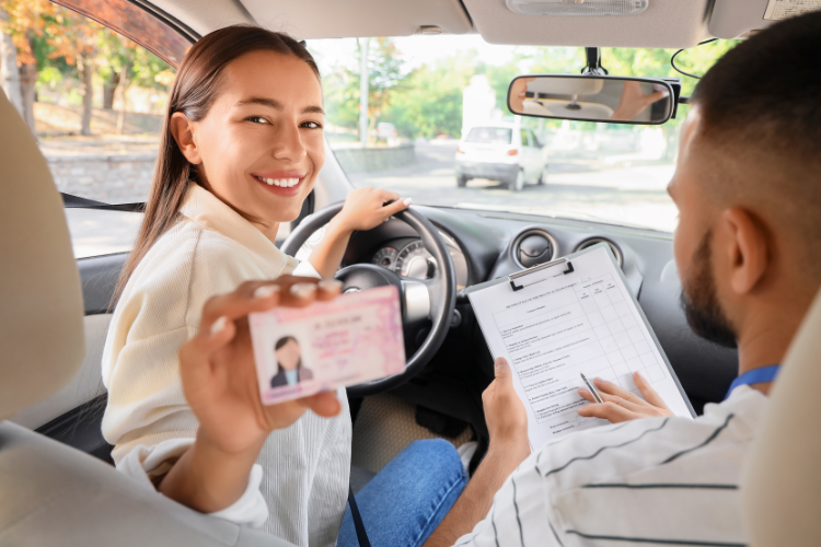 Woman Showing Driver License During Driving Test