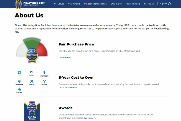 Kelley Blue Book Car Values Information Page