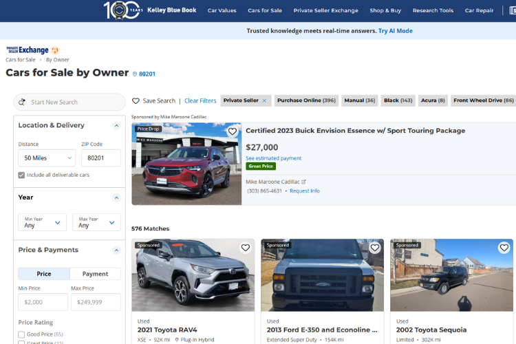 Kelley Blue Book Cars For Sale Interface