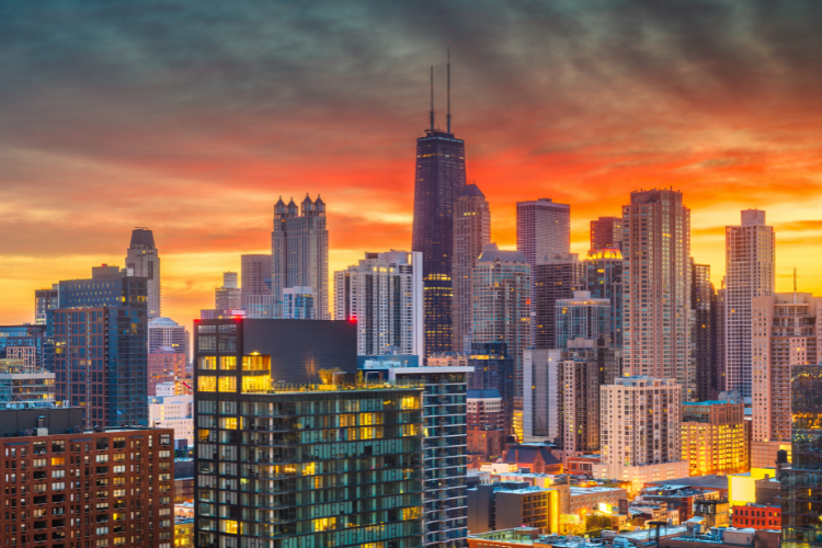 Chicago Illinois Skyline At Sunset Skyscrapers