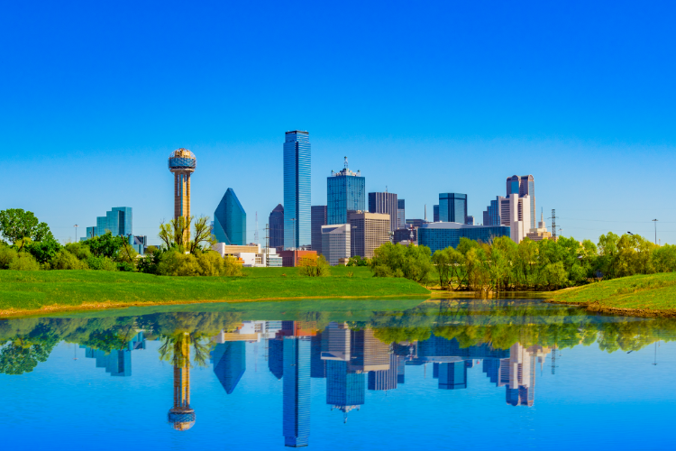 Dallas Skyline Reflected In Calm Lake