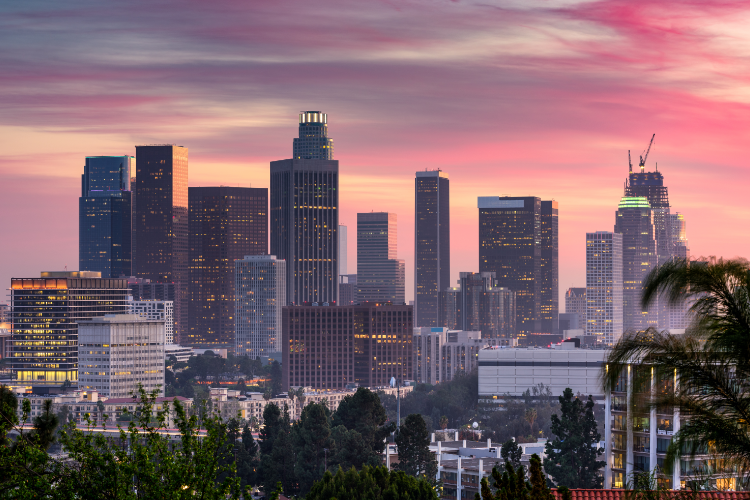 Los Angeles Skyline At Sunset Cityscape View