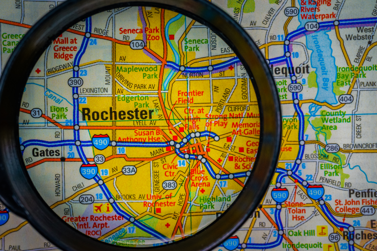 Rochester City Map Viewed Through Magnifying Glass