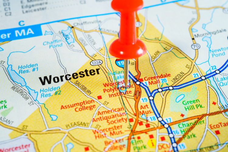 Worcester Map Marked With Red Pushpin